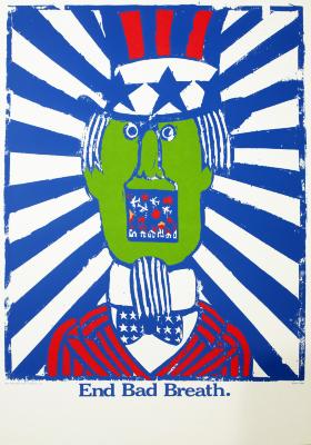 Posters depicts: woodcut print of Uncle Sam with explosions going off in his mouth