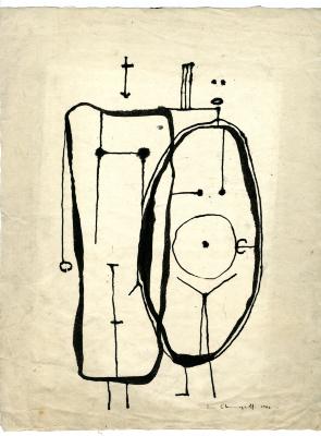 Original Art depicts: Two abstract figures in black line 