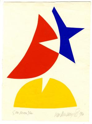 Original Art depicts: red half circle next to blue half star above a yellow half circle