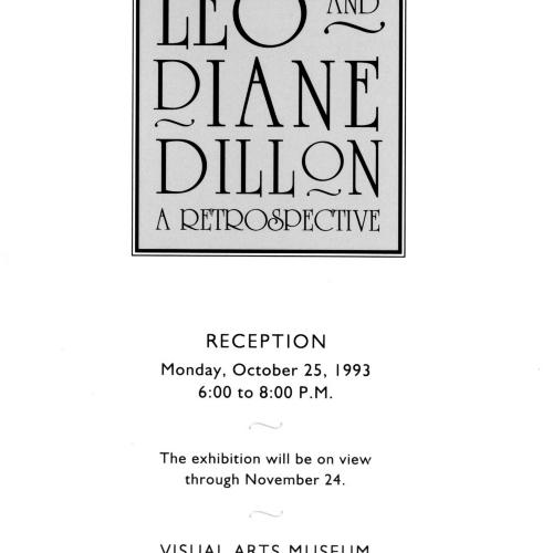 Announcements and invitations depicts: Interior for Leo and Diane Dillon: A Retrospective exhibition, detailing exhibition title and location and reception details