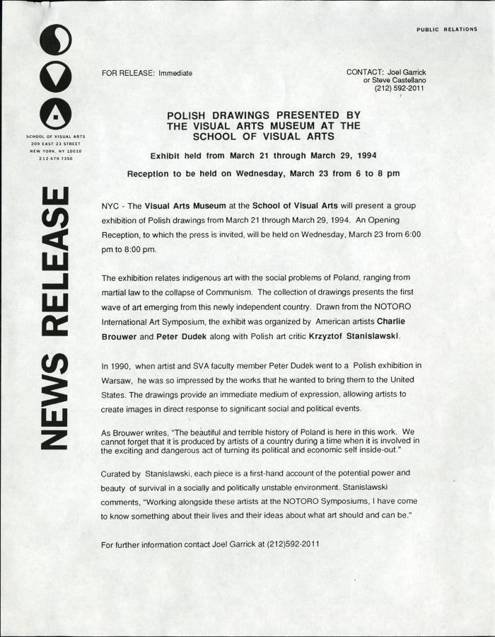 Prints depicts: typed press release on School of Visual Arts letterhead