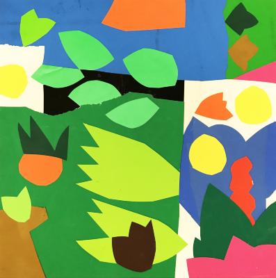 Original Art depicts: abstract collage of cutouts of leaves and flowers