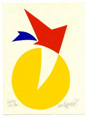Original Art depicts: red star-like shape with blue tail over yellow circle
