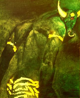 Original Art depicts: Green minotaur half turned away