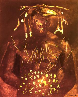 Original Art depicts: Figure with pins stuck in chest, with bird-head headdress