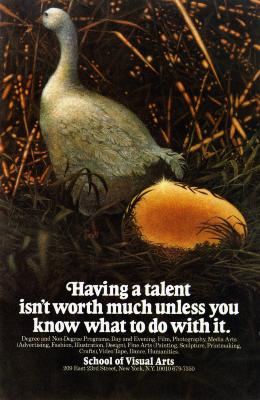 Posters depicts: Highly realistic illustration of a goose walking away from a large golden egg in a wheat field.