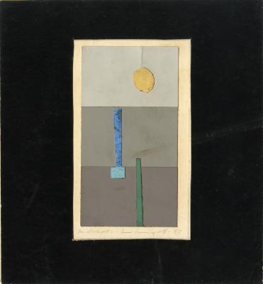 Original Art depicts: abstract landscape with yellow circle in gray background
