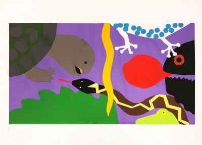 Book Illustrations depicts: turtle, two snakes, head of a frog, gecko legs and back, and unknown lizard face with red speech bubble coming out of its mouth