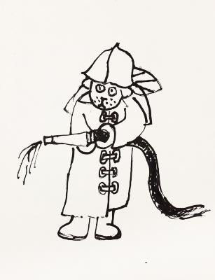 Original Art depicts: dog in firefighter's uniform holding a hose