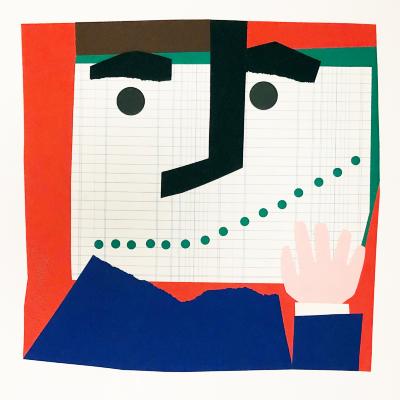 Serial Publications depicts: face made of ledger paper with smile made of hole punched, with torn paper for nose eyebrows and eyes