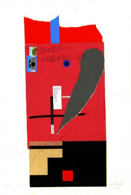 Original Art depicts: red face made of envelope with gray torn paper resembling cigarette smoke