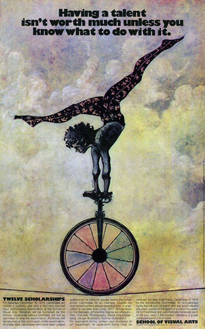 Posters depicts: a figure doing splits, in a handstand on a unicycle balancing on a tight rope against a background of clouds