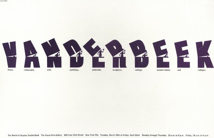 Posters depicts: The name vanderbeek in all caps, the first five letters progressively open to reveal a man tipping his hat, the last five progressively close