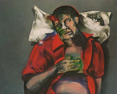 Serial Publications depicts: A man lying on a pillow with a small revolver next to his head