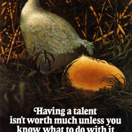 Posters depicts: Highly realistic illustration of a goose walking away from a large golden egg in a wheat field.