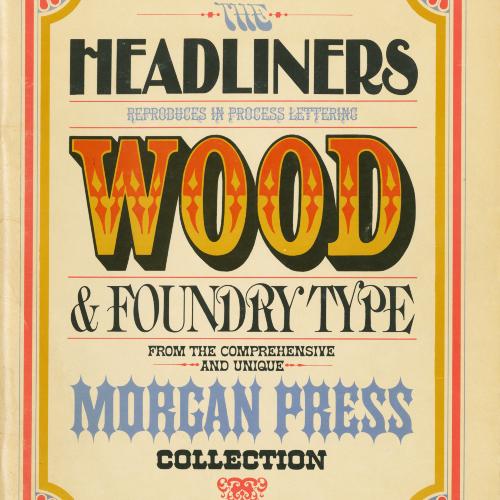 Books, Type Specimens depicts: Cover in old-fashioned wood type styles
