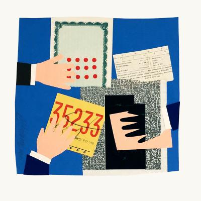 Serial Publications depicts: hands holding fragments of business and financial documents