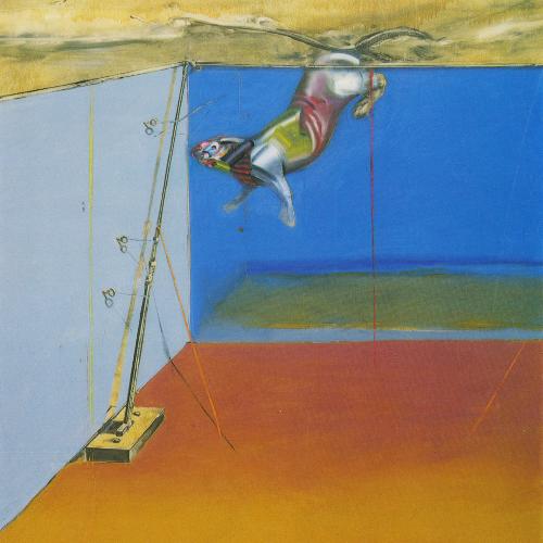 A dog-like animal swimming beneath water in an abstract room