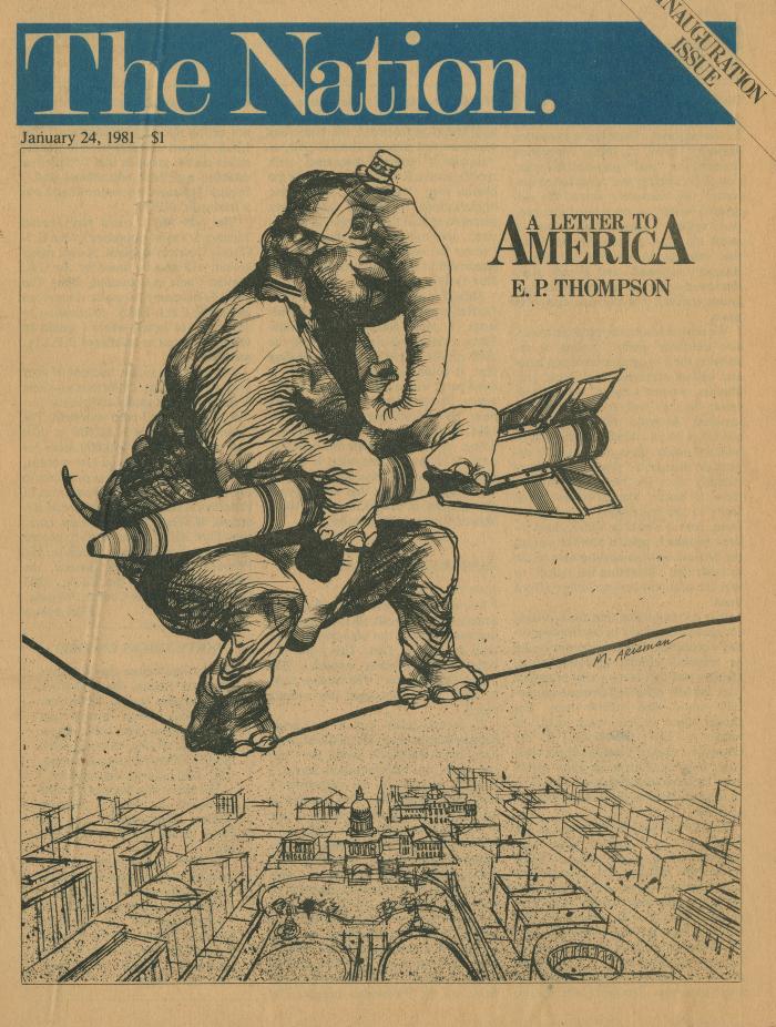 Serial Publications depicts: Elephant wearing a Uncle Sam style tophat, holding a missile, walking on a tightrope over a city