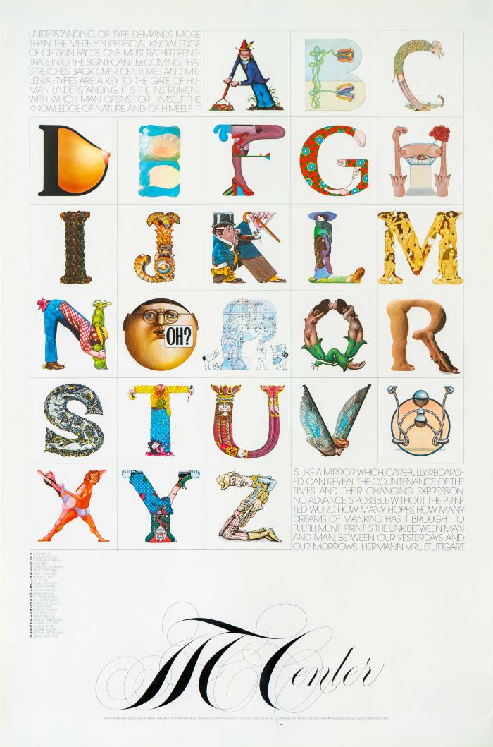 Posters depicts: each letter of the alphabet done in a different style by a different designer