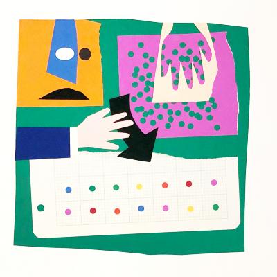 Serial Publications depicts: hand holding arrow pointing to graph paper with rainbow dots, purple scrap with holes punched, and abstract mustachioed face