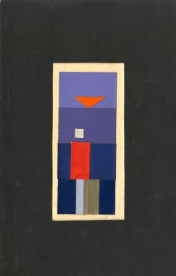 Original Art depicts: red upside-down triangle on purple background with building-like rectangles at bottom