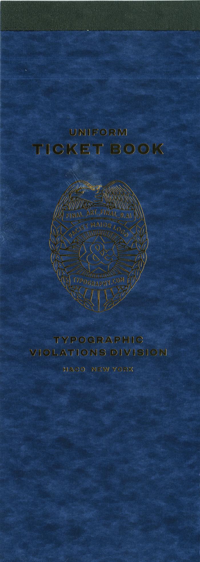 Booklet/Brochure depicts: blue narrow book made to resemble parking ticket book