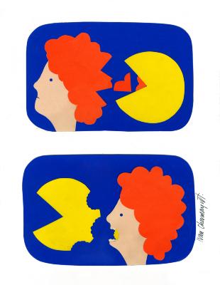 Serial Publications depicts: two pictures, at top Pac-Man eating hair from behind of redheaded person, at bottom redheaded person eating Pac-Man from behind