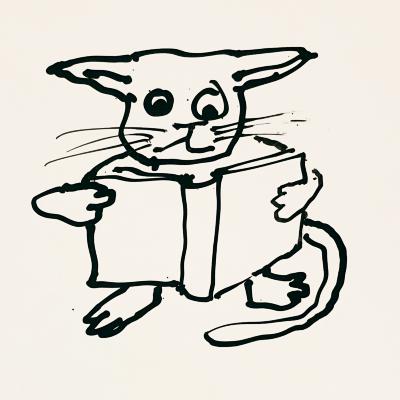Original Art depicts: black line drawing of cat reading book