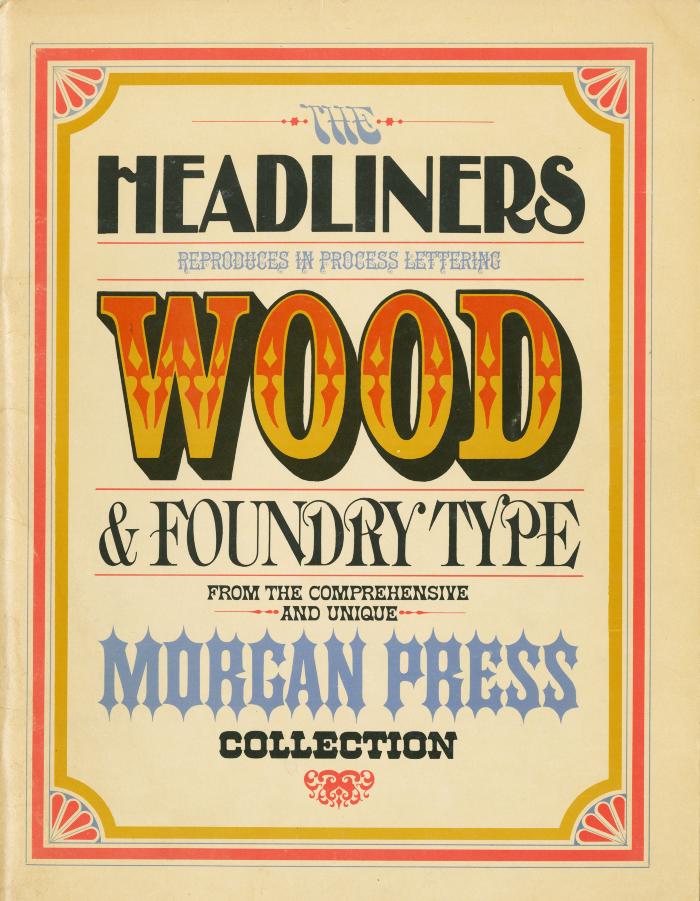 Books, Type Specimens depicts: Cover in old-fashioned wood type styles