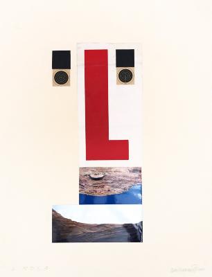 Original Art depicts: Face made of giant red letter 'L', small targets as eyes, and lips made from photographs of rock formations