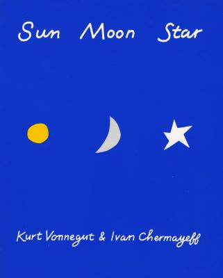 blue background, title in white at top, authors in white at bottom, in the center a yellow circle, gray half moon, white star.