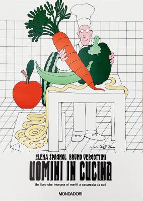Posters depicts: Chef in white toque with giant vegetables on a table in a 3-D room on a grid