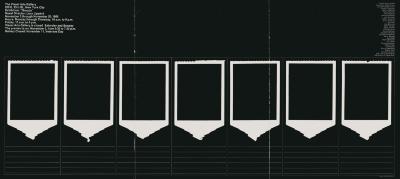 Posters depicts: A row of seven black rectangles with white border on black background with exhibition information at top left