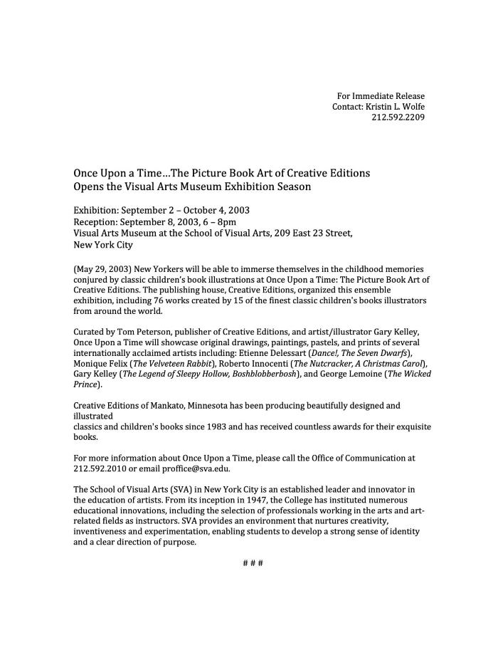 Press Releases depicts: typewritten description of exhibition