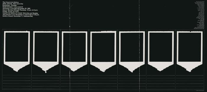 Posters depicts: A row of seven black rectangles with white border on black background with exhibition information at top left