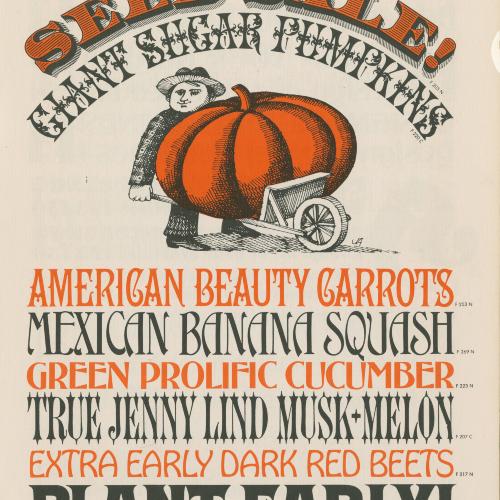 Books, Type Specimens depicts: Type specimen with a drawing of a man with a giant pumpkin in a wheelbarrow