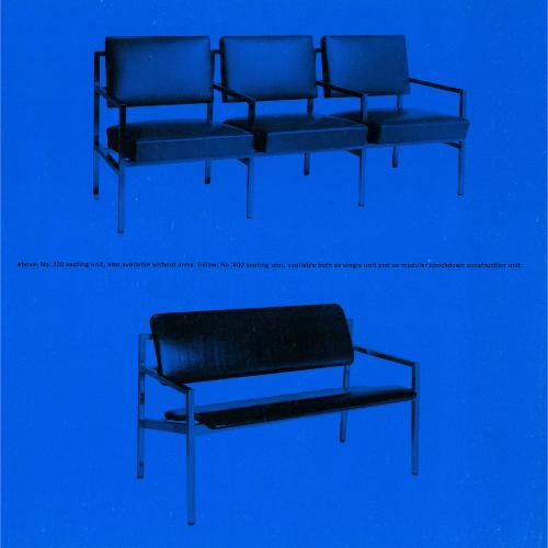 Booklet/Brochure, Advertisements, Logos and identities depicts: Monochromatic photographs of two benches on blue background