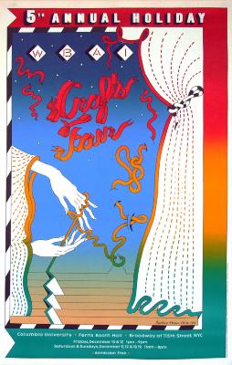 Posters depicts: Woman's hands holding ribbons next to a curtain; Crafts Fair is written in ribbons as well.