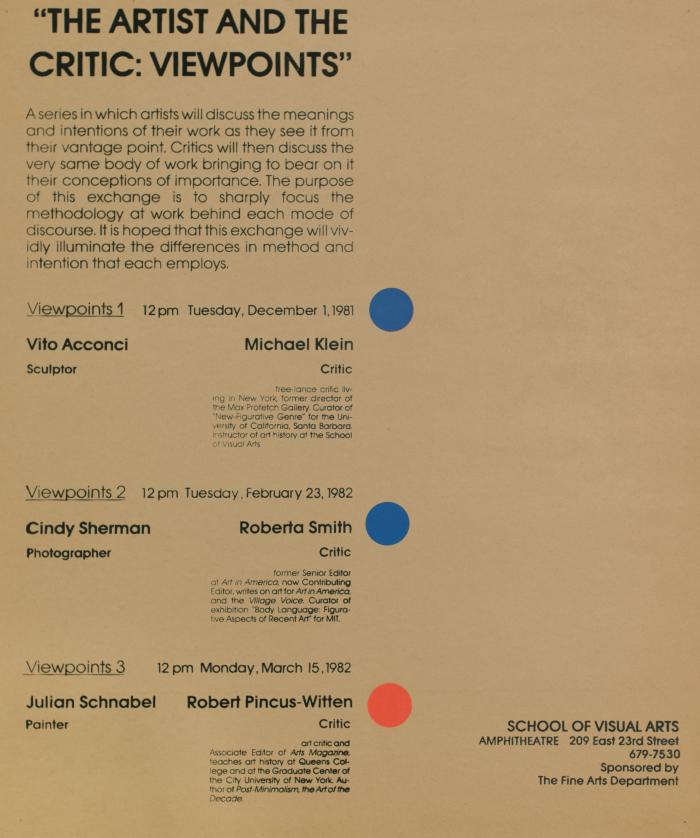 Posters depicts: brown poster with list of particular events and participants in black type running down the left half of the poster, with two blue dots and one red dot running down the center 
