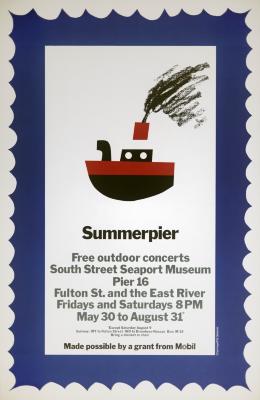 Posters depicts: cut paper red and black tug boat in blue frame