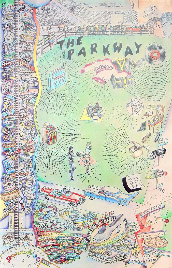 Posters depicts: hand drawn map of the Bronx with notable landmarks drawn in and labeled 