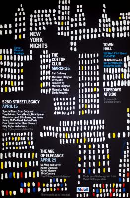 Posters depicts: Cityscape in white paint dots with accents of yellow, red and blue