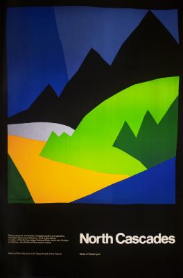 Posters depicts: Cut paper collage of black and green mountains against a blue sky