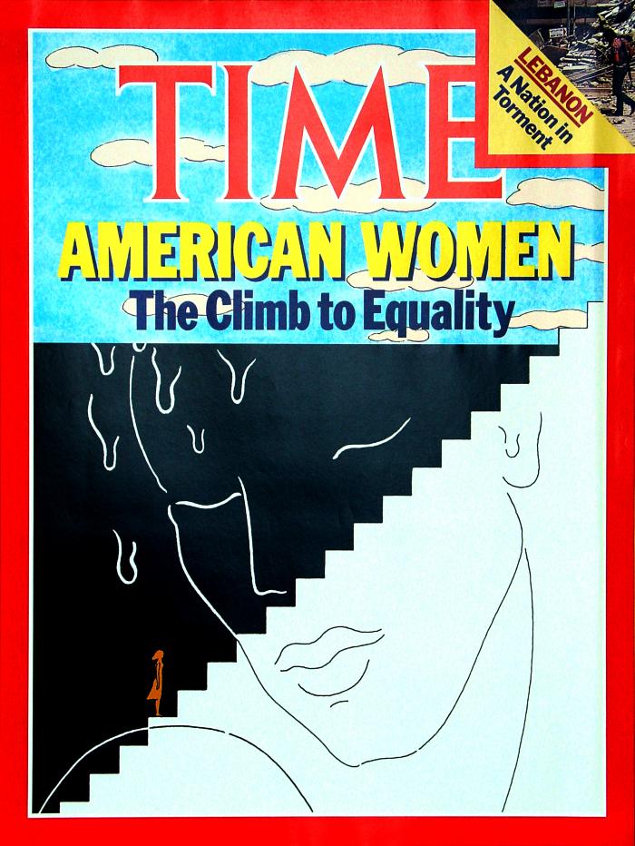 Posters, Serial Publications depicts: Woman's face splint into a white half and a black half by a small woman's figure climbing steps