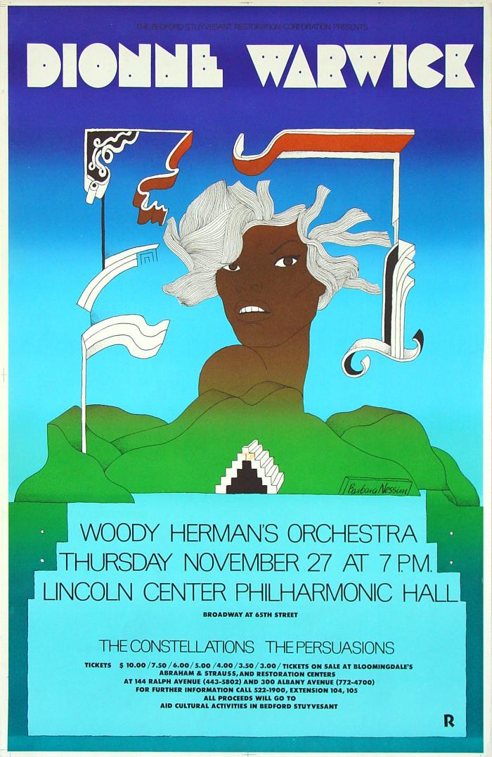 Posters depicts: Portrait of Dionne Warwick emerging from green hills surrounded by embellishments