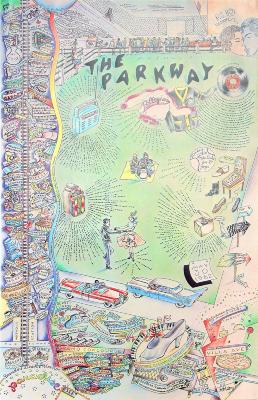 Posters depicts: hand drawn map of the Bronx with notable landmarks drawn in and labeled 