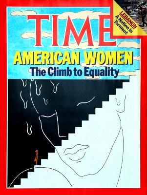 Posters, Serial Publications depicts: Woman's face splint into a white half and a black half by a small woman's figure climbing steps