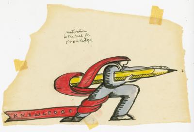 Original Art depicts: figure lunging forward holding a giant pencil