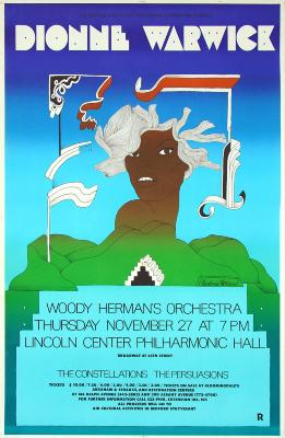 Posters depicts: Portrait of Dionne Warwick emerging from green hills surrounded by embellishments
